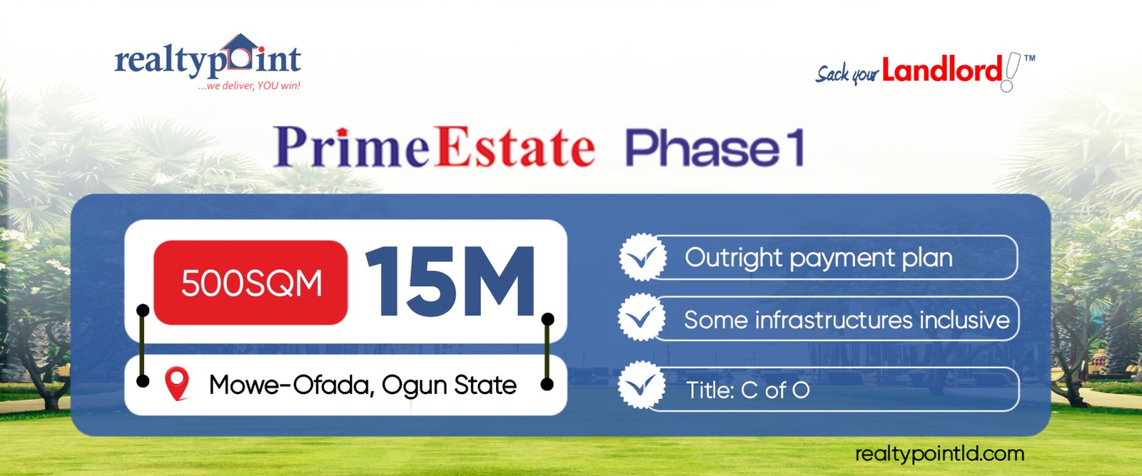 Prime Estate Phase 1 offer, 500sqm for 15 million naira at Mowe-Ofada, Ogun State